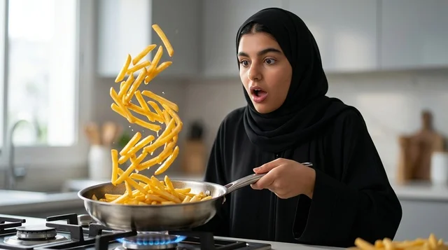 امرأة سعودية تطبخ البطاطس المقلية في المطبخ