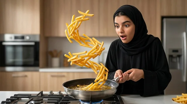 امرأة عربية محجبة تطبخ بطاطس مقلية في مطبخ منزلي حديث