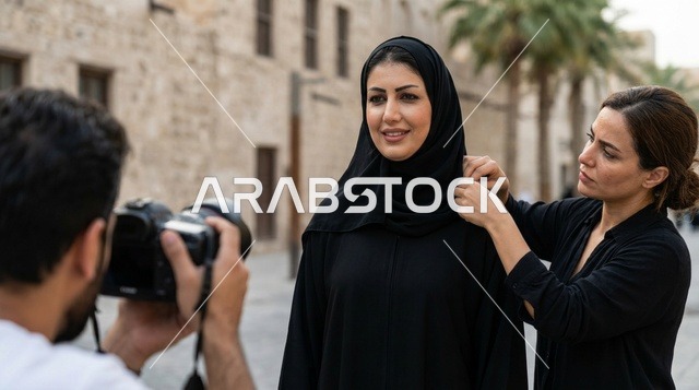 جلسة تصوير لعارضة أزياء عربية بالعباءة خلف الكواليس