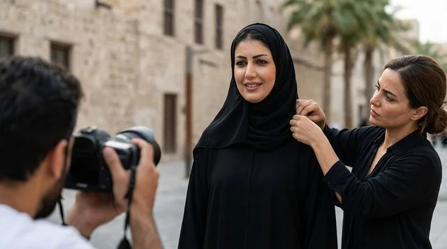 جلسة تصوير لعارضة أزياء عربية بالعباءة خلف الكواليس