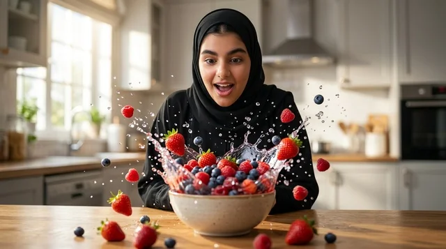 امرأة عربية محجبة مع فواكه وتوت طازج متطاير في المطبخ امرأة عربية محجبة مع فواكه وتوت طازج متطاير في المطبخ