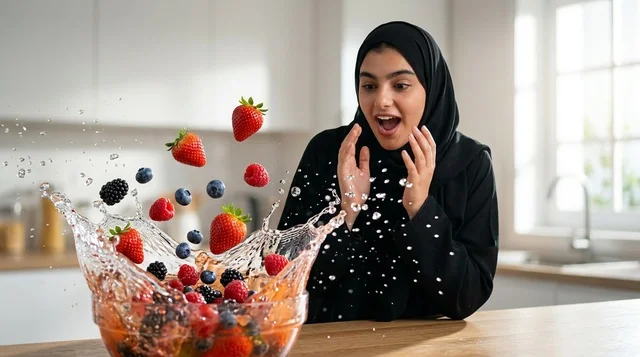 Arab Woman in Hijab with Berry Water Splash in Kitchen