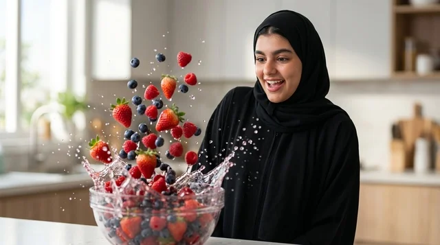 امرأة عربية مع فواكه وتوت طازج متطاير في المطبخ