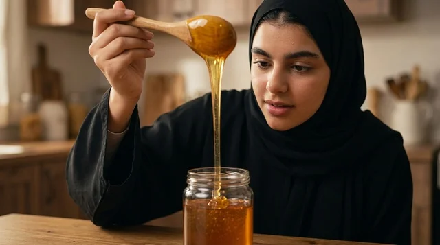 Arab Woman Dripping Golden Honey from Wooden Spoon Arab Woman Dripping Golden Honey from Wooden Spoon
