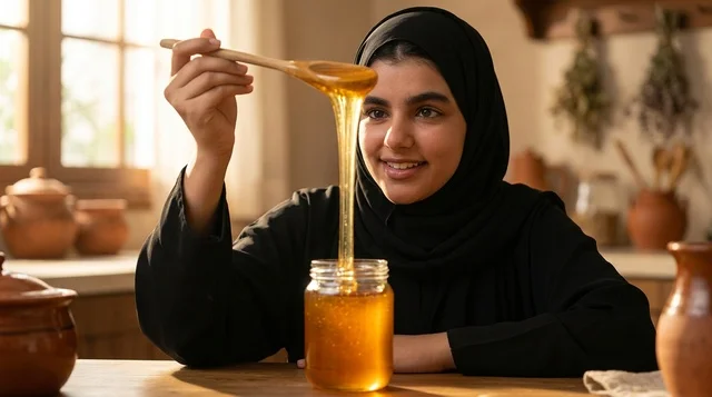 Arab Woman Holding Spoon with Honey in Rustic Kitchen