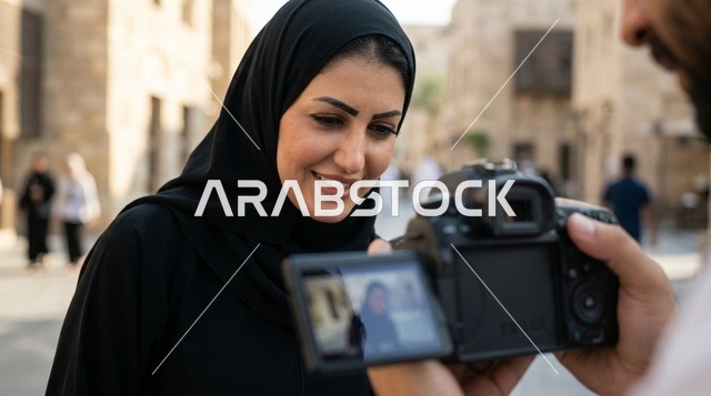 امرأة سعودية تنظر إلى شاشة كاميرا رقمية