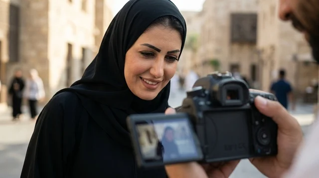 Saudi Woman Looking at Camera Screen Outdoors