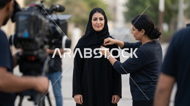 مقدمة برامج عربية بالعباءة تستعد للتصوير التلفزيوني