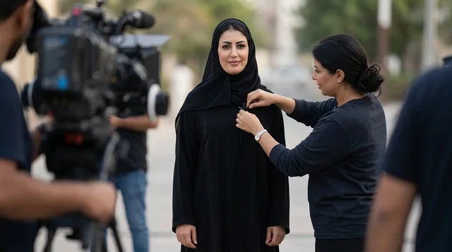 مقدمة برامج عربية بالعباءة تستعد للتصوير التلفزيوني