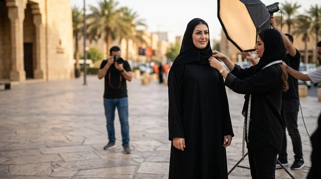 Arab Fashion Photo Shoot with Camera Crew Outdoors