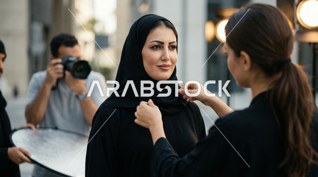 عارضة أزياء عربية بالعباءة أثناء جلسة تصوير خارجية