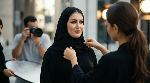 Arab Model in Black Abaya During Outdoor Photoshoot Arab Model in Black Abaya During Outdoor Photoshoot