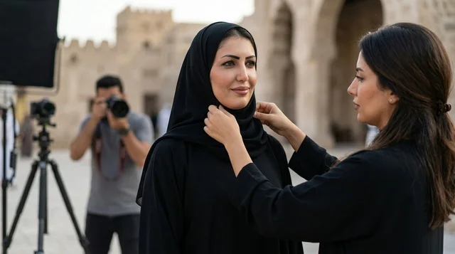 سيدة عربية خلف الكواليس في موقع تصوير خارجي