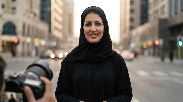 امرأة عربية بالعباءة تبتسم أثناء جلسة تصوير خارجية