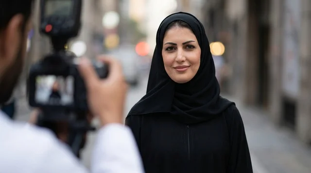 Arab Female Journalist Filming Live on City Street