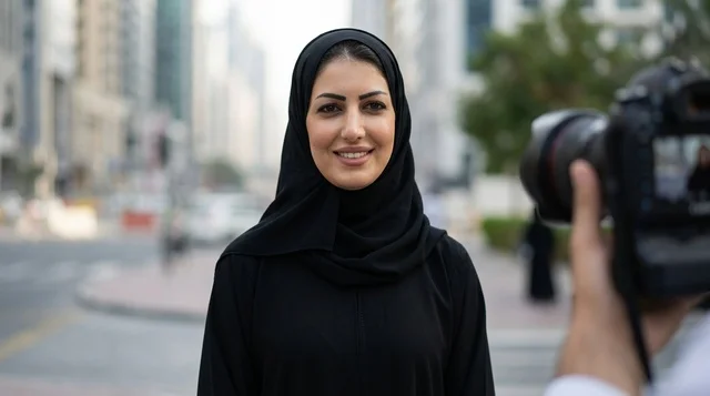 امرأة إماراتية بالعباءة السوداء تقف أمام كاميرا التصوير