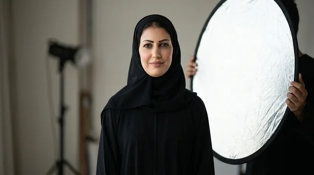 امرأة عربية بالعباءة في استوديو التصوير