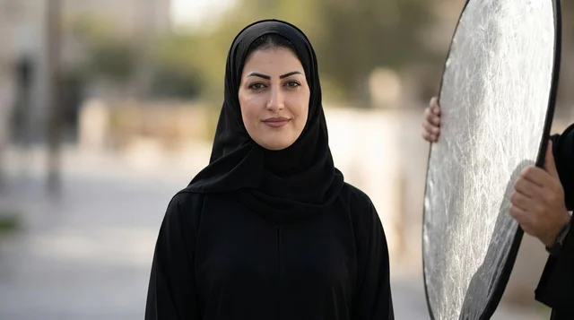 امرأة عربية بالعباءة في جلسة تصوير خارجية مع عاكس إضاءة