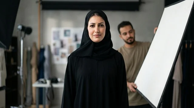 امرأة عربية بالعباءة تقف في استوديو تصوير