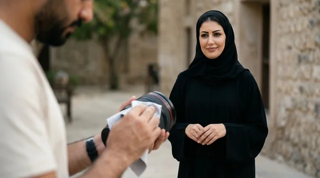 Photographer Cleaning Lens Near Arab Woman in Abaya