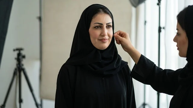 منسقة أزياء عربية تجهز عارضة في استوديو تصوير احترافي منسقة أزياء عربية تجهز عارضة في استوديو تصوير احترافي
