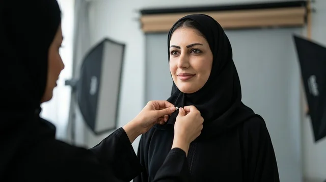 امرأة عربية تعدل الحجاب في استوديو تصوير احترافي