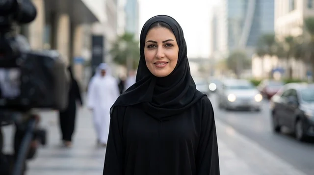 مراسلة صحفية عربية بالعباءة السوداء في شارع المدينة