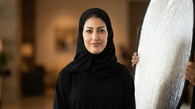 Arab Woman in Abaya with Studio Light Reflector Arab Woman in Abaya with Studio Light Reflector