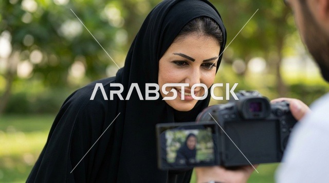 امرأة عربية بالعباءة تنظر إلى شاشة الكاميرا بالحديقة