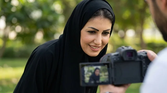 Saudi Woman Looking at Camera Screen in Outdoor Park