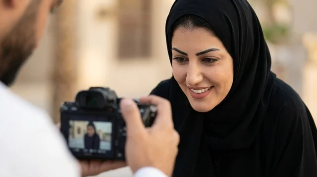 امرأة سعودية تبسم وتنظر إلى صورتها على شاشة الكاميرا