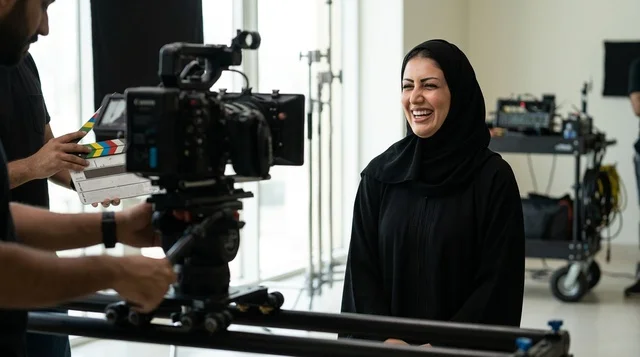 امرأة عربية مبتسمة تصور مقابلة في استوديو إنتاج احترافي