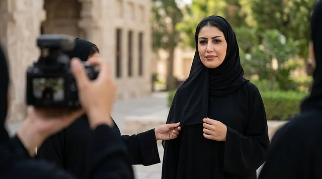 امرأة عربية بالعباءة السوداء أثناء جلسة تصوير