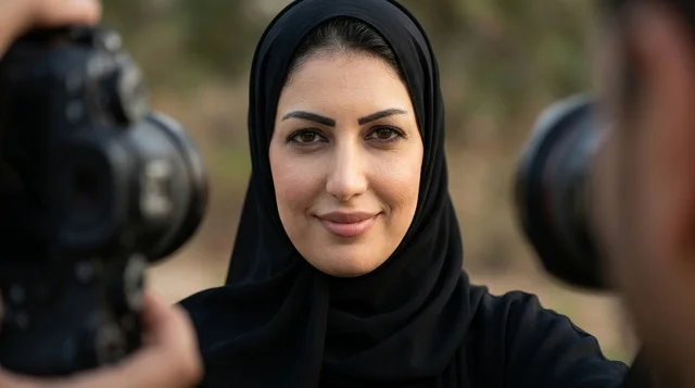 امرأة عربية بالحجاب تبتسم أثناء جلسة تصوير خارجية