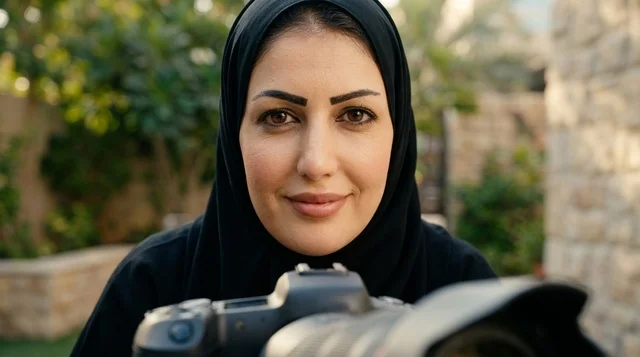Arab Female Photographer with DSLR Camera Closeup Portrait