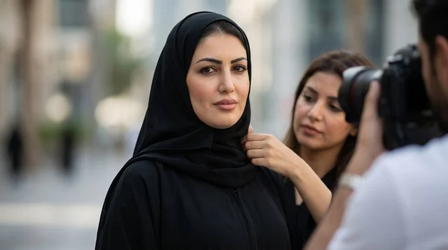 امرأة عربية بالعباءة السوداء أثناء جلسة تصوير خارجية