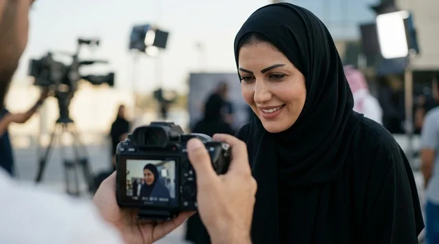 Saudi Woman on Film Media Production Set with Camera