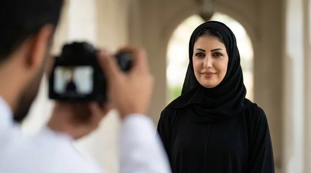Arab Photographer Taking Portrait of Emirati Woman in Abaya