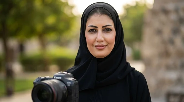 مصورة عربية تحمل كاميرا احترافية في الهواء الطلق