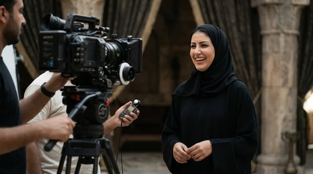 Arab Woman Filming Professional Media Interview Arab Woman Filming Professional Media Interview