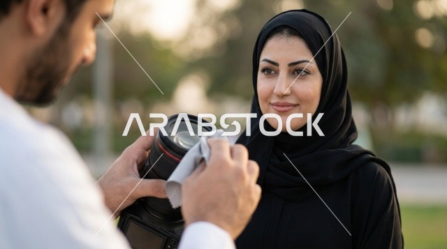 مصور عربي ينظف عدسة الكاميرا بجانب امرأة إماراتية