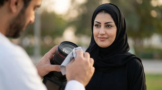 Arab Photographer Cleaning Camera Lens with Emirati Woman
