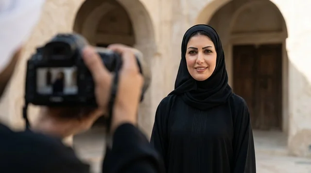 امرأة عربية بالعباءة تقف لالتقاط صورة في موقع تراثي