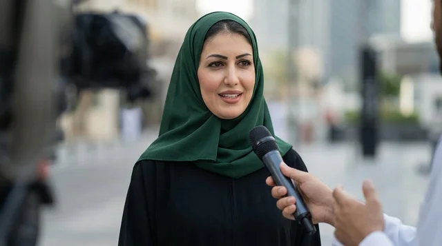 Arab Woman in Hijab During Media Interview Outdoors
