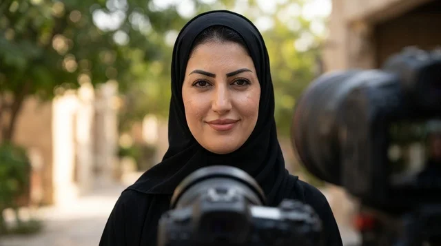 مصورة عربية محترفة تمسك كاميرا في الخارج
