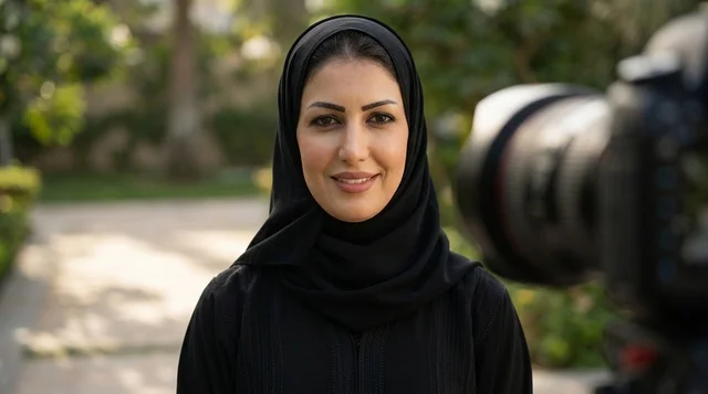 مراسلة عربية تقف أمام كاميرا الفيديو في الهواء الطلق