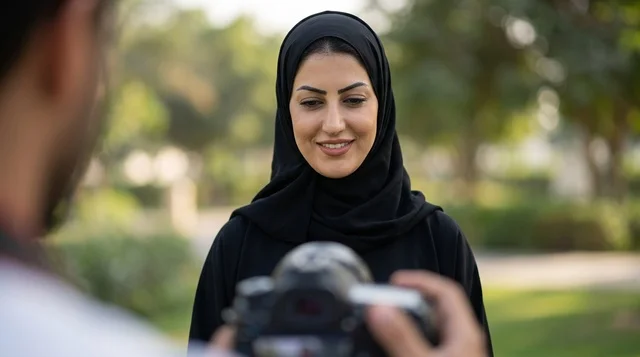 امرأة عربية بالحجاب تبتسم أمام الكاميرا في الحديقة