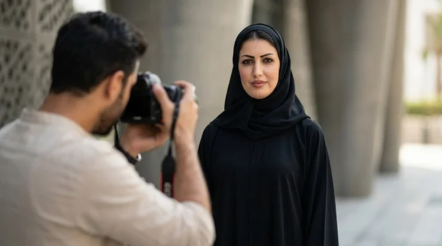 امرأة عربية بالعباءة السوداء في جلسة تصوير خارجية
