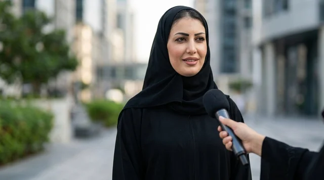 امرأة عربية بالعباءة والحجاب في مقابلة صحفية خارجية