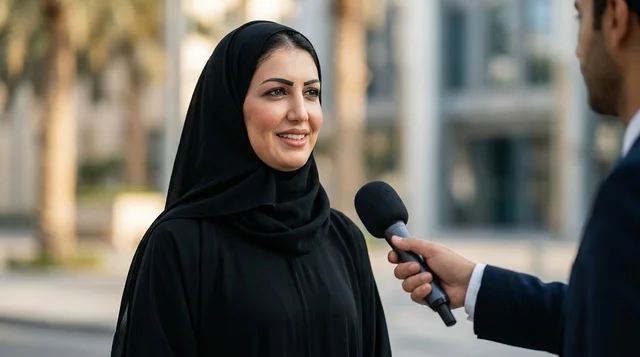 Arab Woman in Abaya Having an Outdoor Media Interview